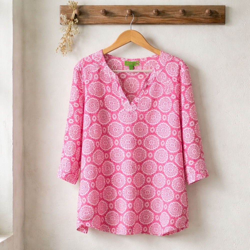 Pink Patterned Split-Neck Tunic EXLG Vacation Wear By Island Ruplic Exc Cond.